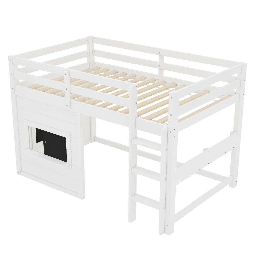 Twin Size Loft Bed with Sliding Chalkboard & Bookshelf - White