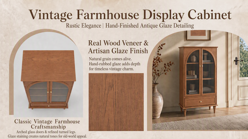 Vintage Farmhouse Arched Glass Accent Cabinet with Arched Glass Doors - Antique Glaze