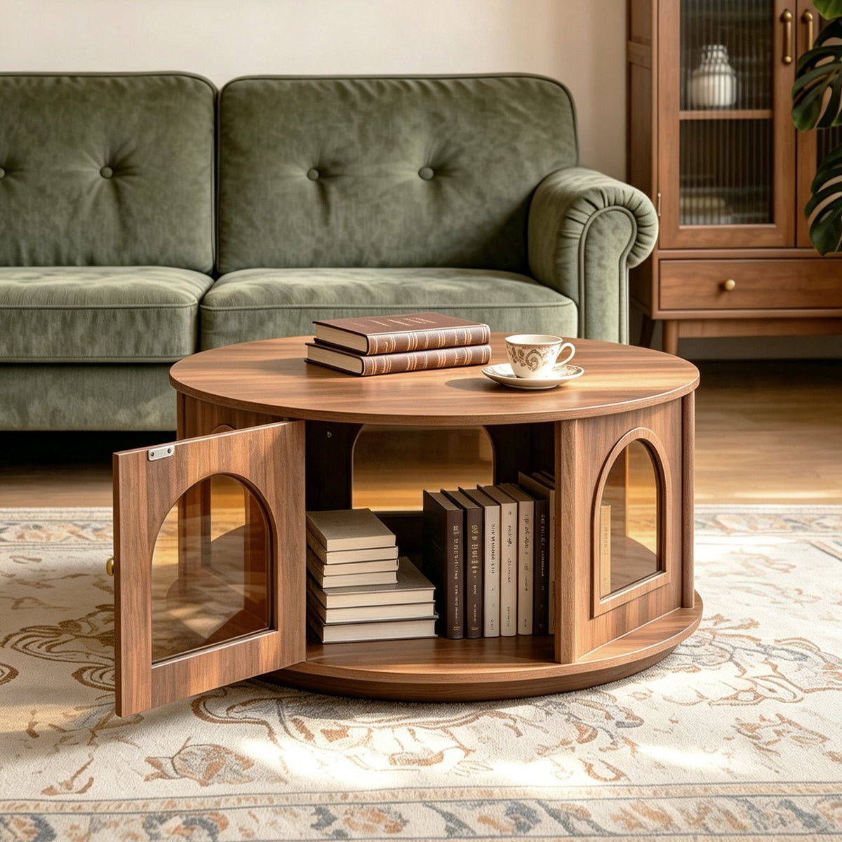 31.5" Round Coffee Table with Storage and Pet House - Dark Walnut