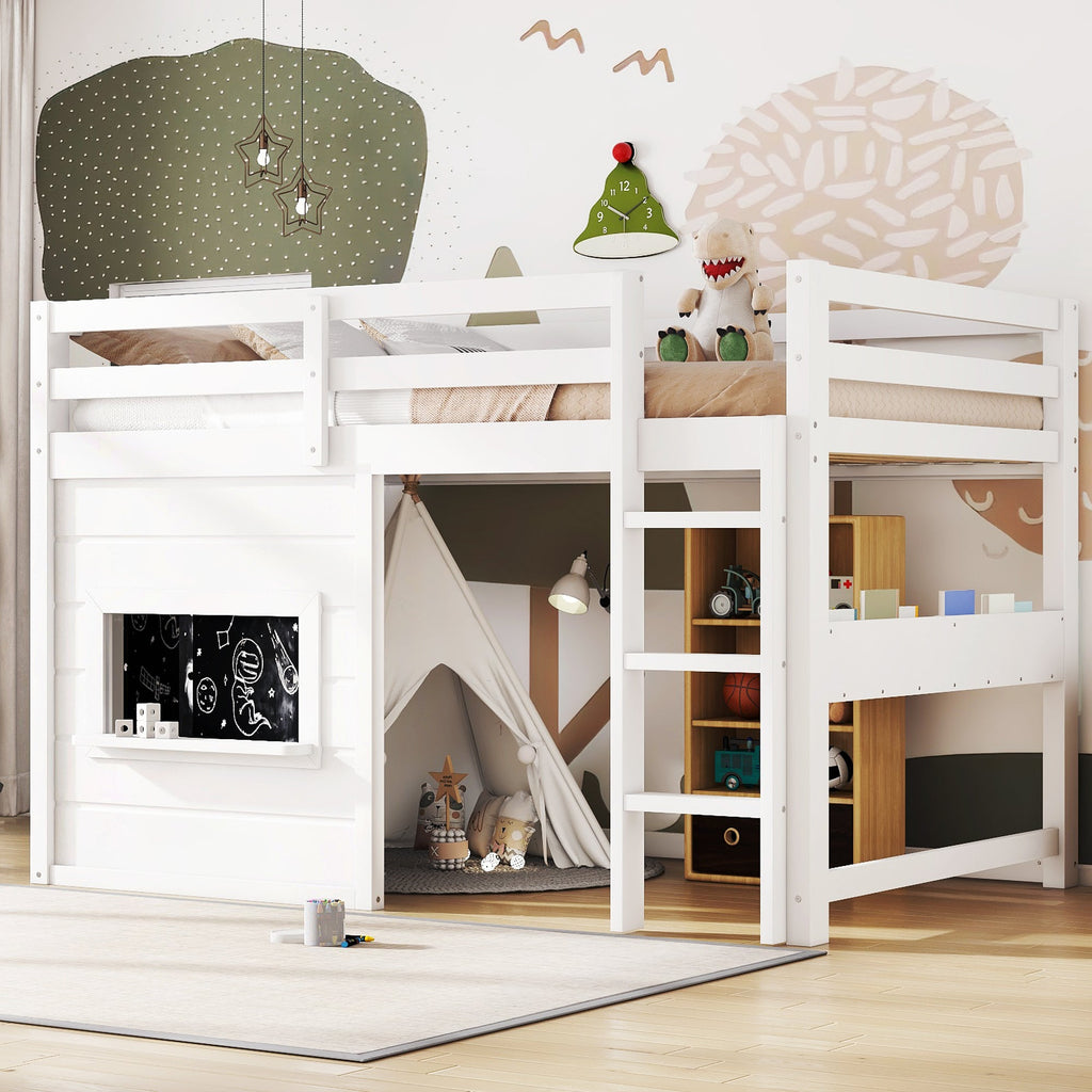 Twin Size Loft Bed with Sliding Chalkboard & Bookshelf - White