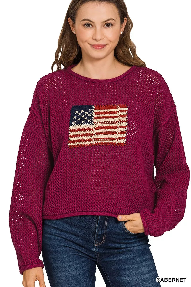 Zenana American Flag Crew Neck Sweater
