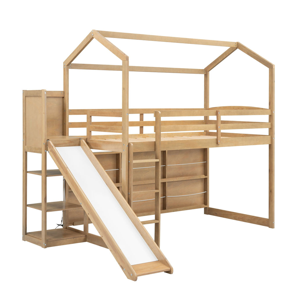 House Loft Bed with Slide and Storage Shelves - Twin with Light