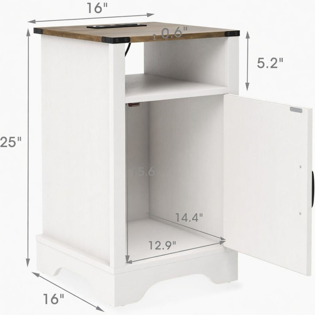 Farmhouse Nightstand with Charging Station & Storage - White