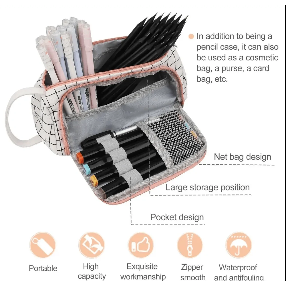 Big Storage Large Capacity Pencil Case Kids Pencil Bag For Students Vintage Grid Print Fabric Stationary Bag School Supply