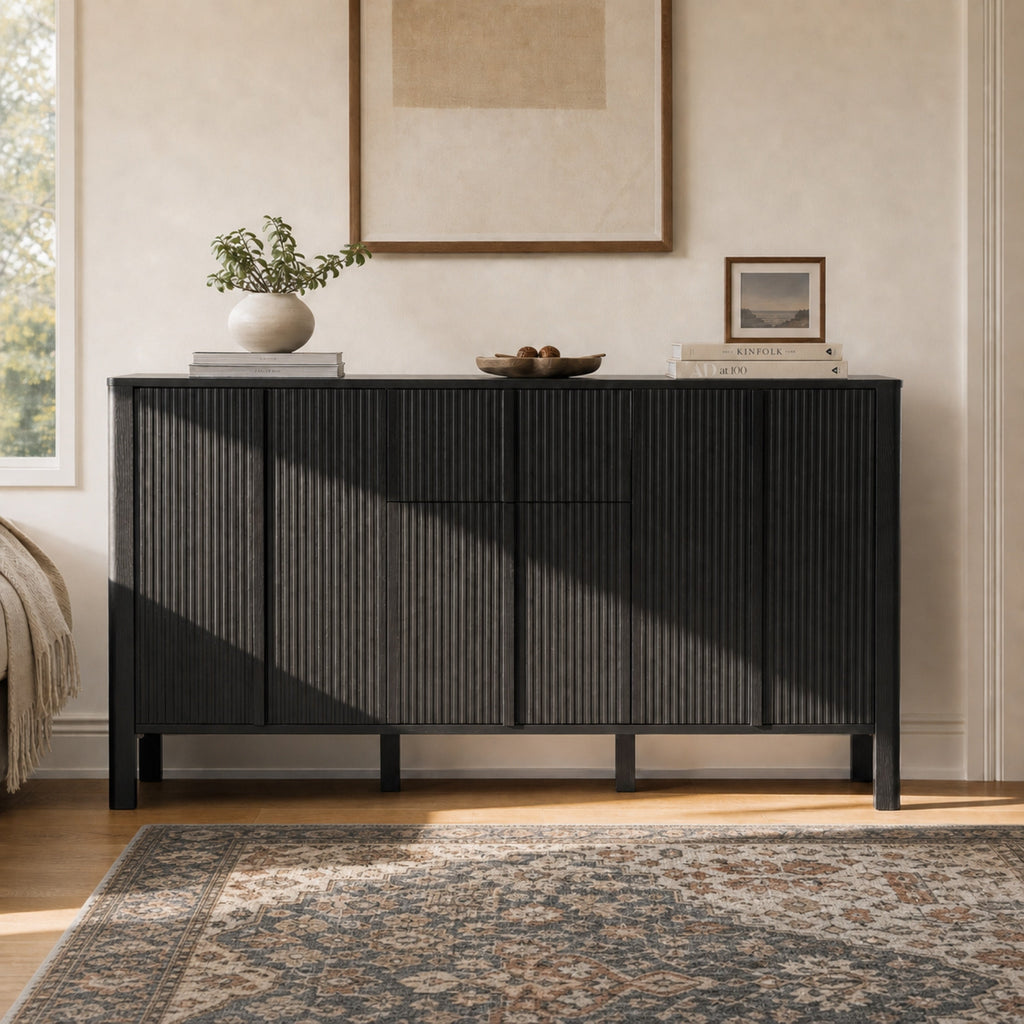 Black Sideboard with Storage - Modern MDF Credenza - Black