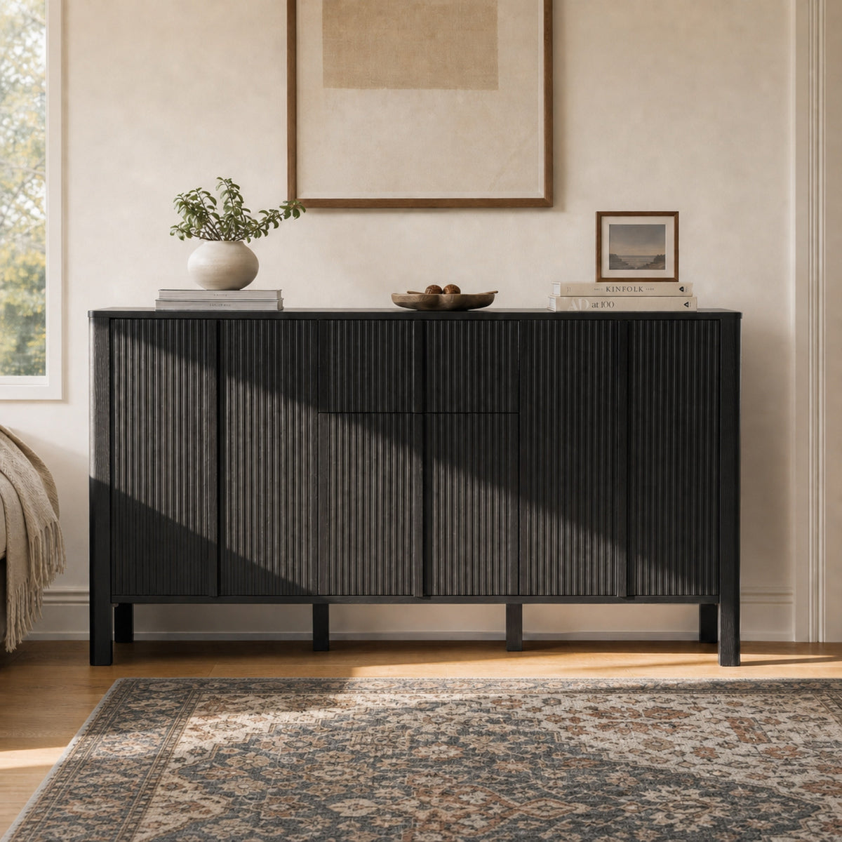 Black Sideboard with Storage - Modern MDF Credenza - Black
