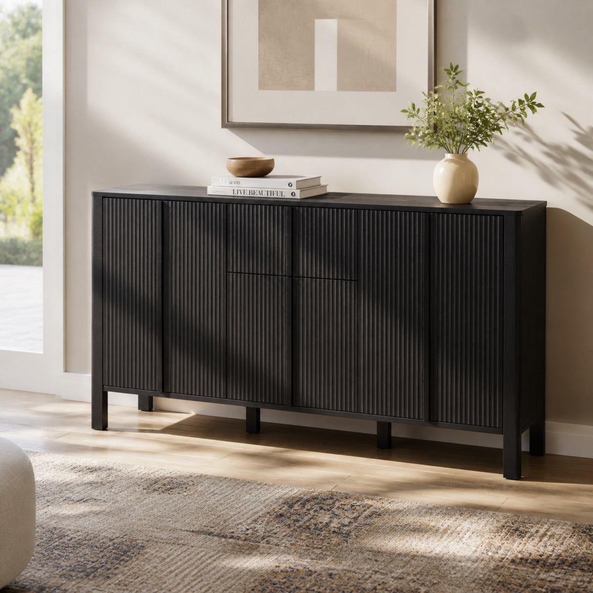 Black Sideboard with Storage - Modern MDF Credenza - Black