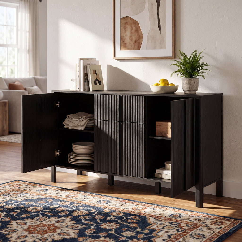 Black Sideboard with Storage - Modern MDF Credenza - Black