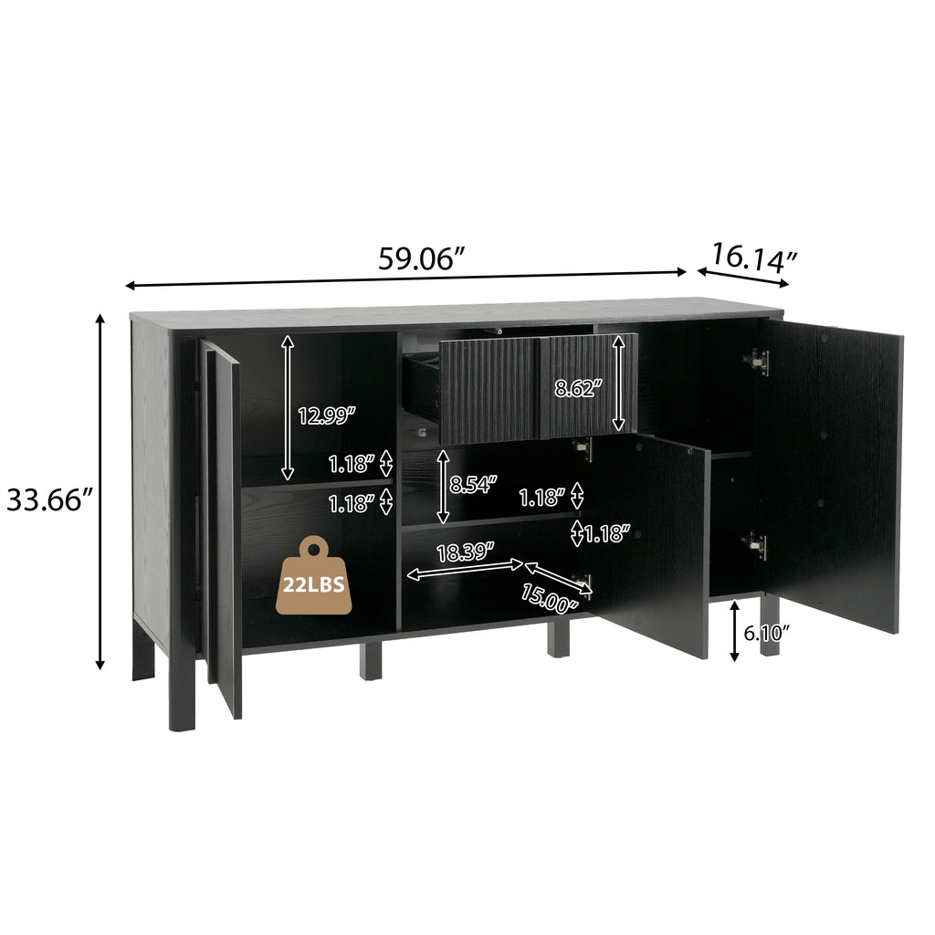 Black Sideboard with Storage - Modern MDF Credenza - Black