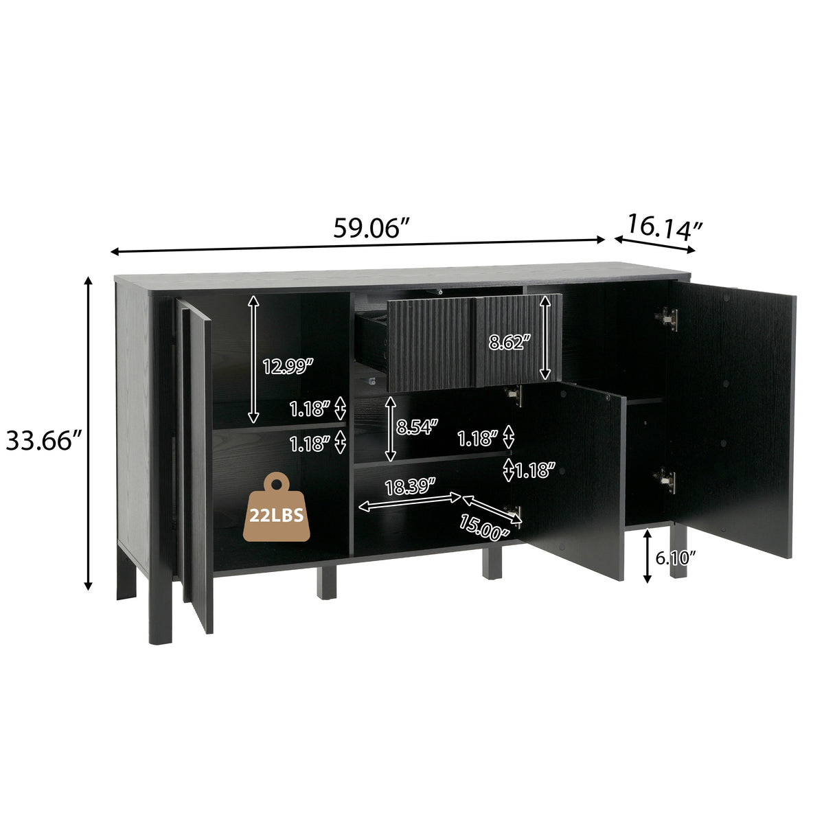 Black Sideboard with Storage - Modern MDF Credenza - Black