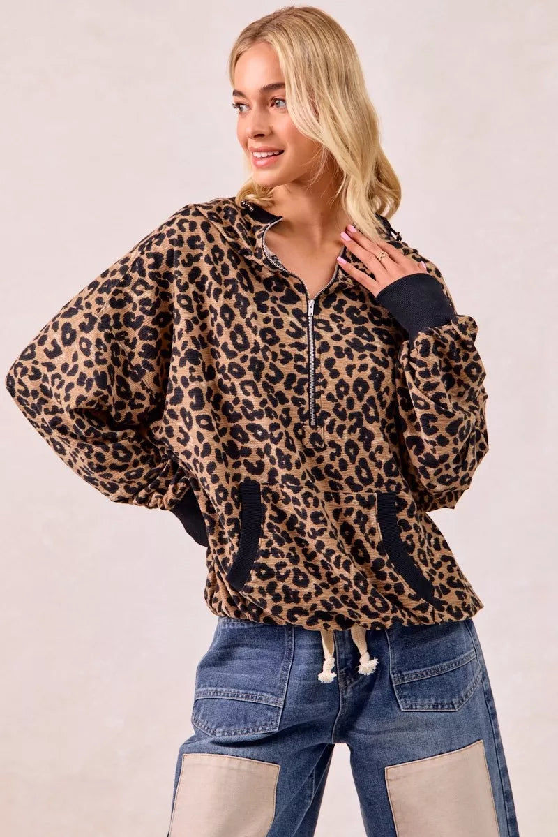 BiBi Leopard Print Waffle Half Zip Up Hoodie W Pocket