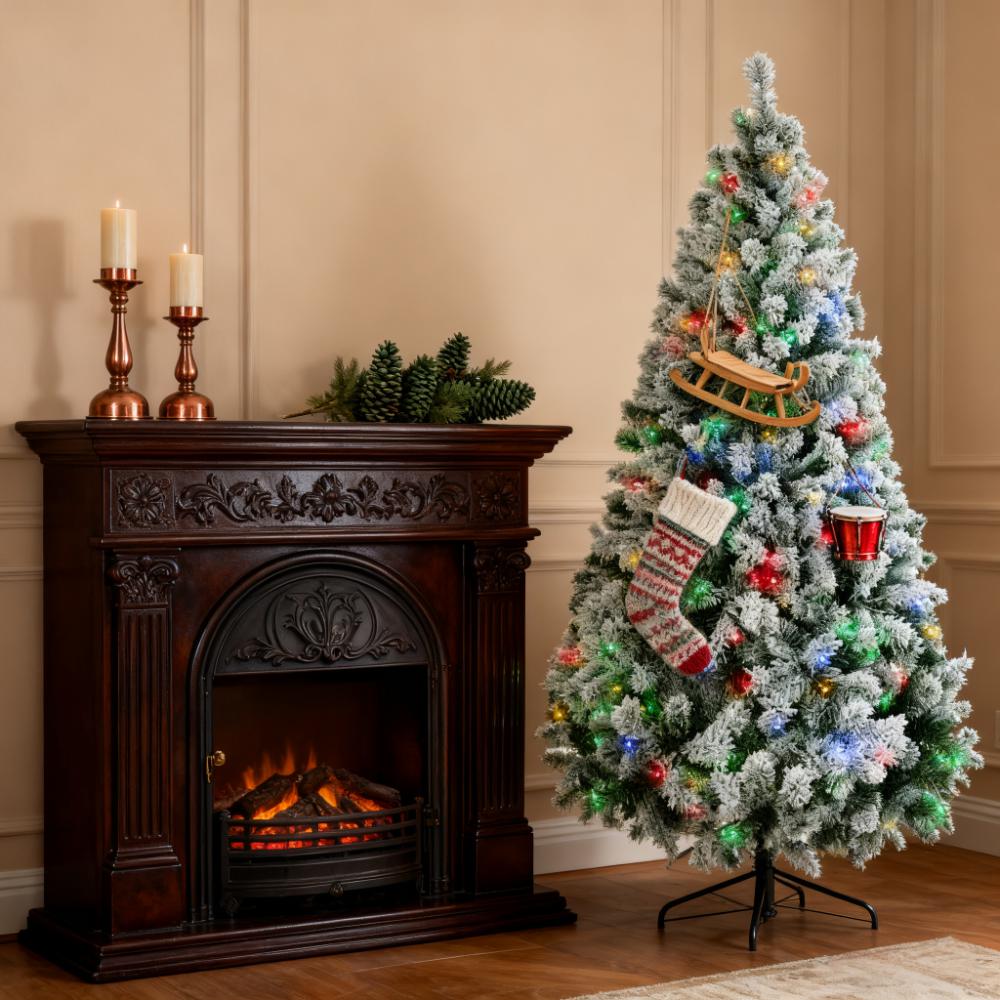 Artificial Snow Christmas Tree with Frosted Branches and LED Lights - Green