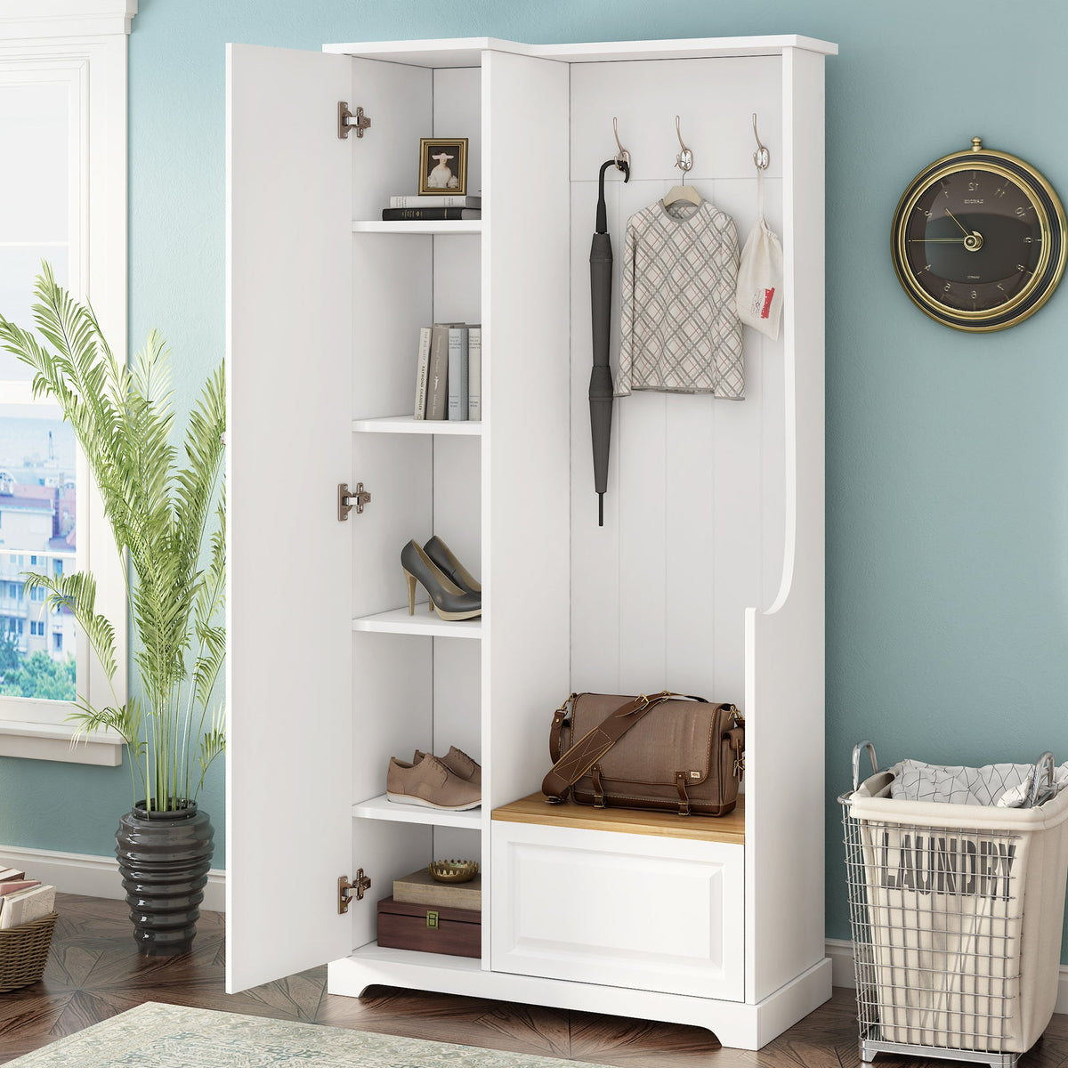 Stylish Design Hall Tree with Flip-Up Bench - Wood Grain Finish