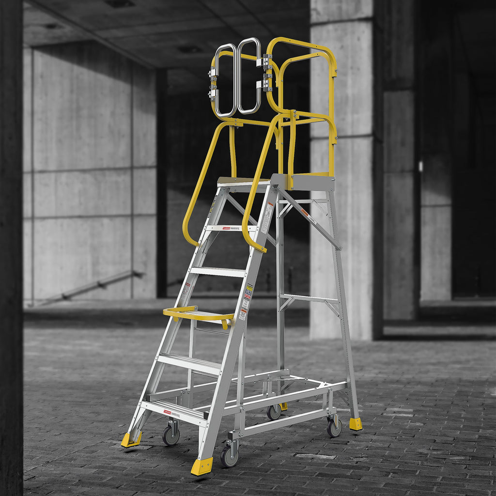 6 Step Aluminum Rolling Platform Ladder with 375 lb Capacity - Silver