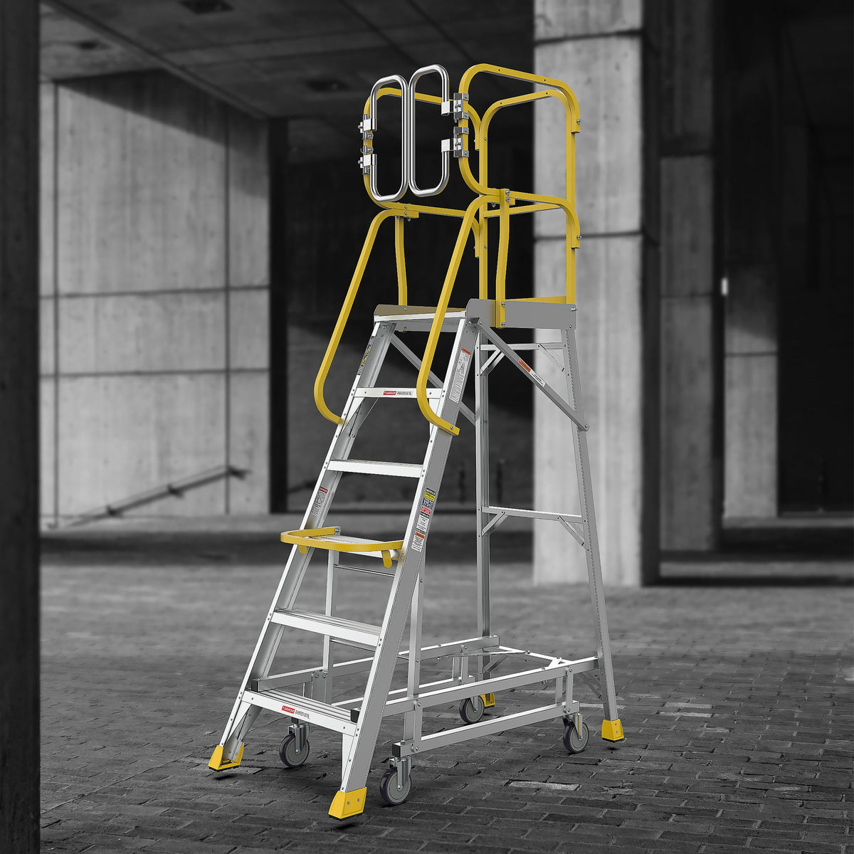 6 Step Aluminum Rolling Platform Ladder with 375 lb Capacity - Silver