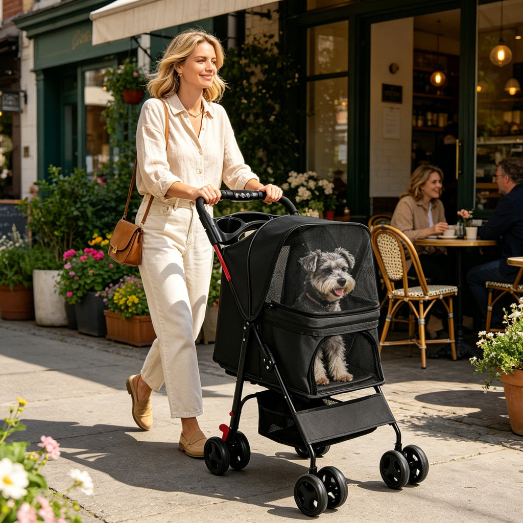 Foldable Pet Stroller with Mesh Panels and Storage Basket - Black, Pink, or Blue