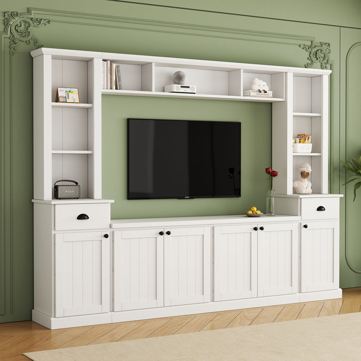 Minimalist Entertainment Wall Unit Set with Adjustable Bridge for TVs Up to 75" - White or Black