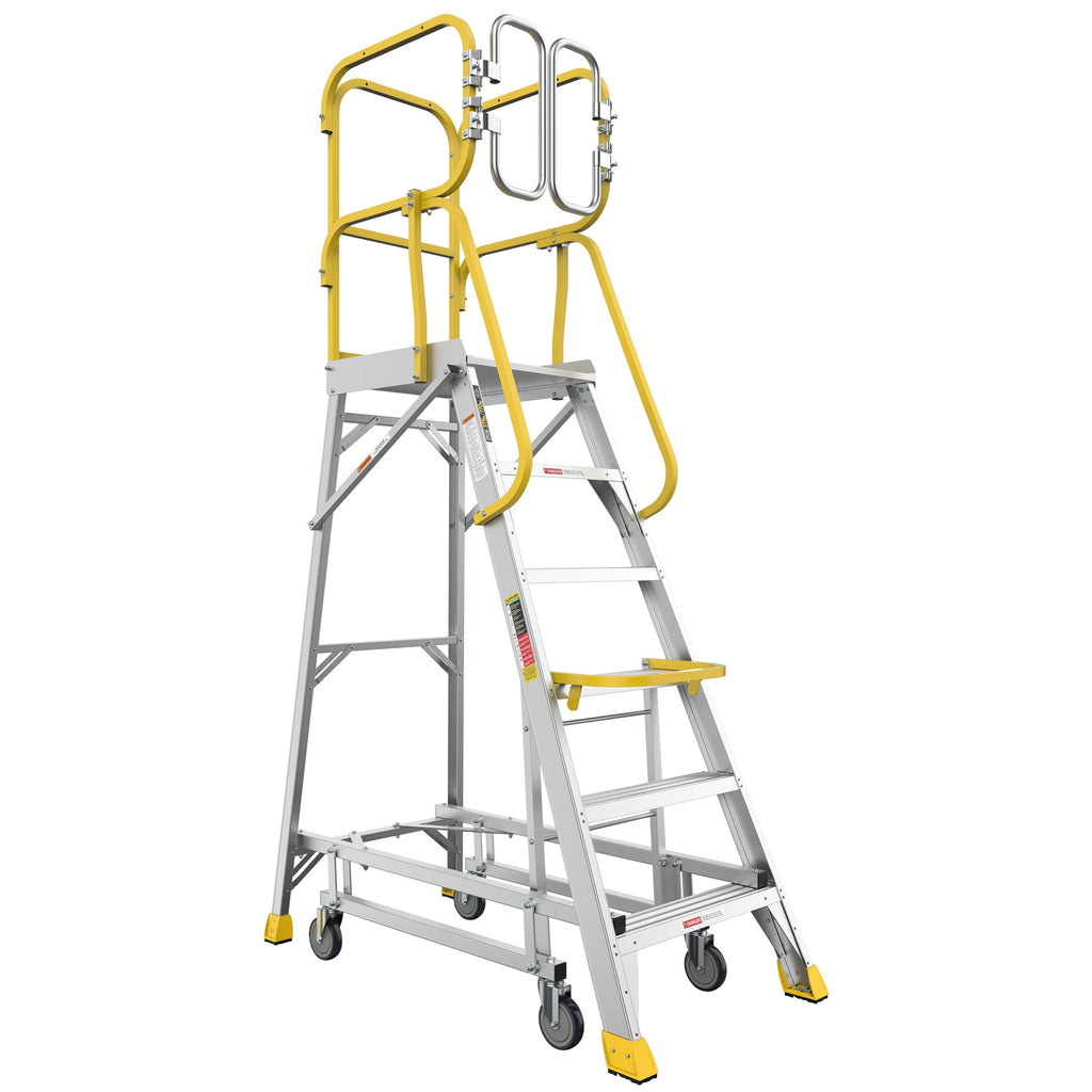6 Step Aluminum Rolling Platform Ladder with 375 lb Capacity - Silver