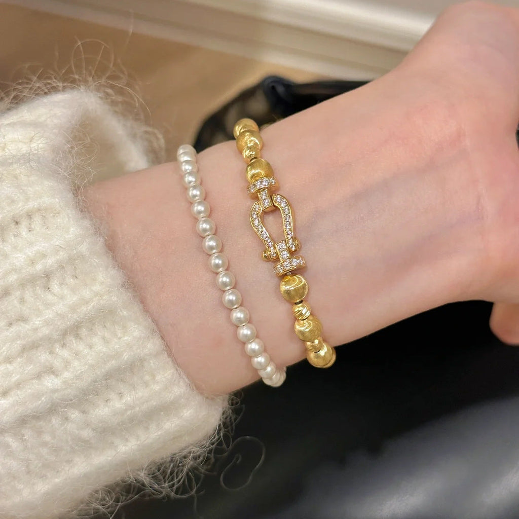 Silver Tone Brushed Bead Horseshoe U Clasp Bracelet Clear Simulated Zirconia Spring Buckle Unisex Daily Hand Ornaments