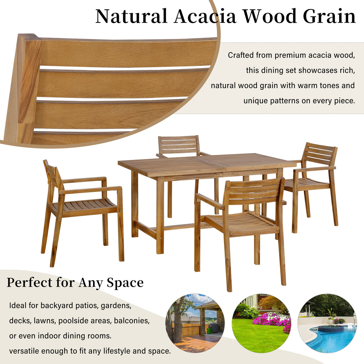 Natural Acacia Wood 5-Piece Outdoor Dining Set with Rectangular Table - Natural