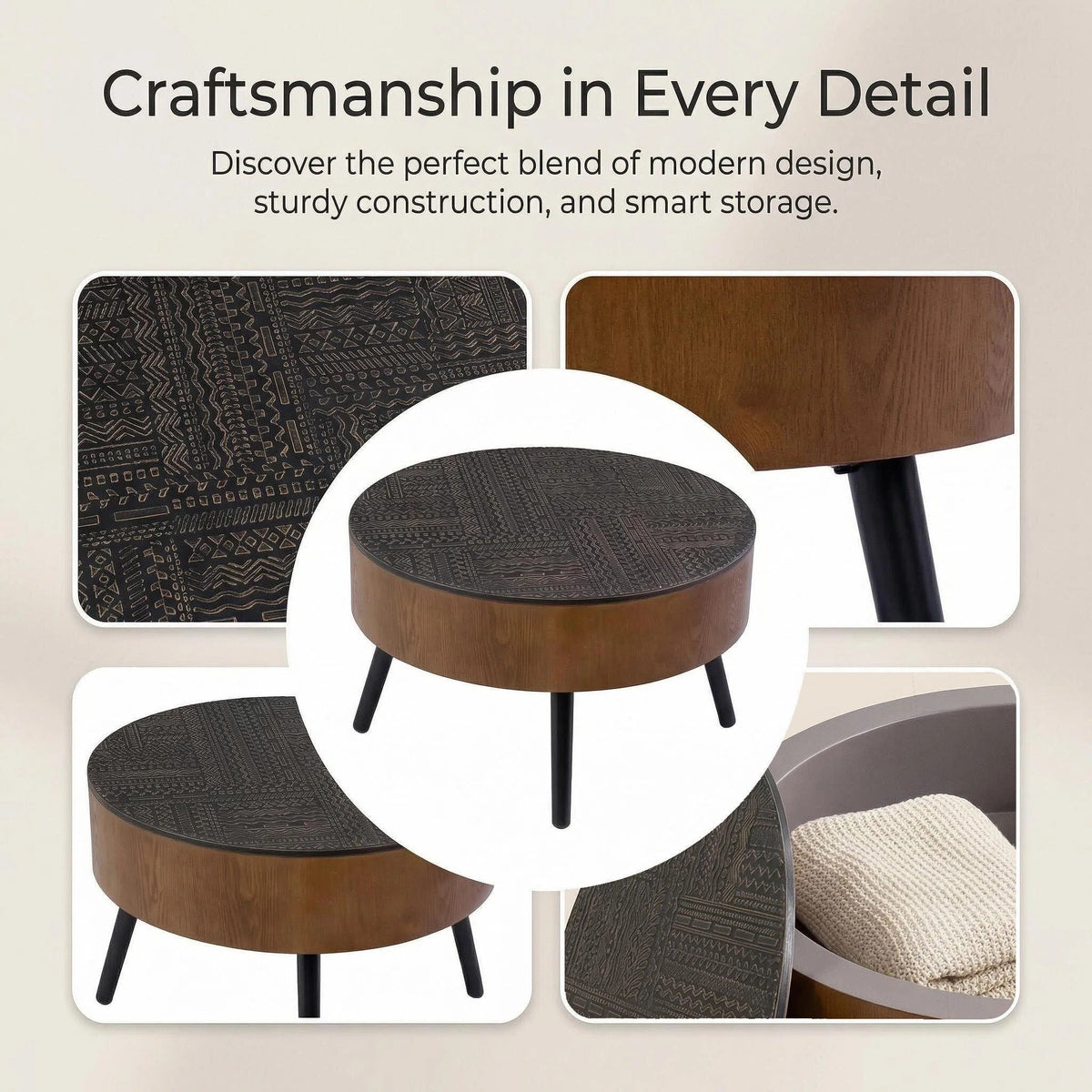 Round Coffee Table with Storage Function - Carved Wood Top - Dark Brown or Black