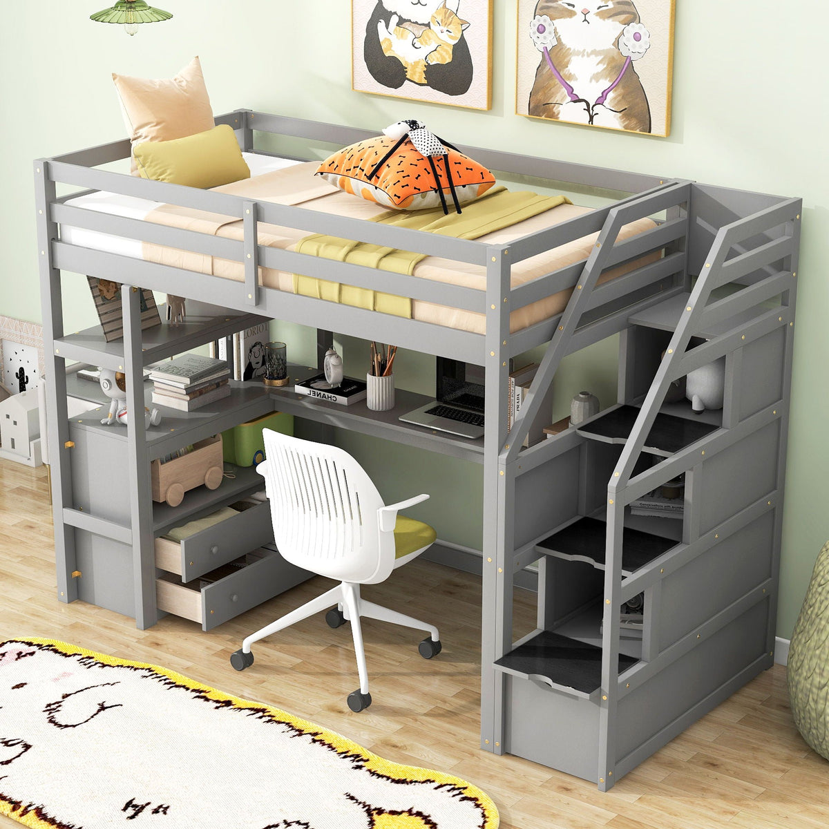 Loft Bed with Desk and Storage Staircase - Full or Twin, White or Gray