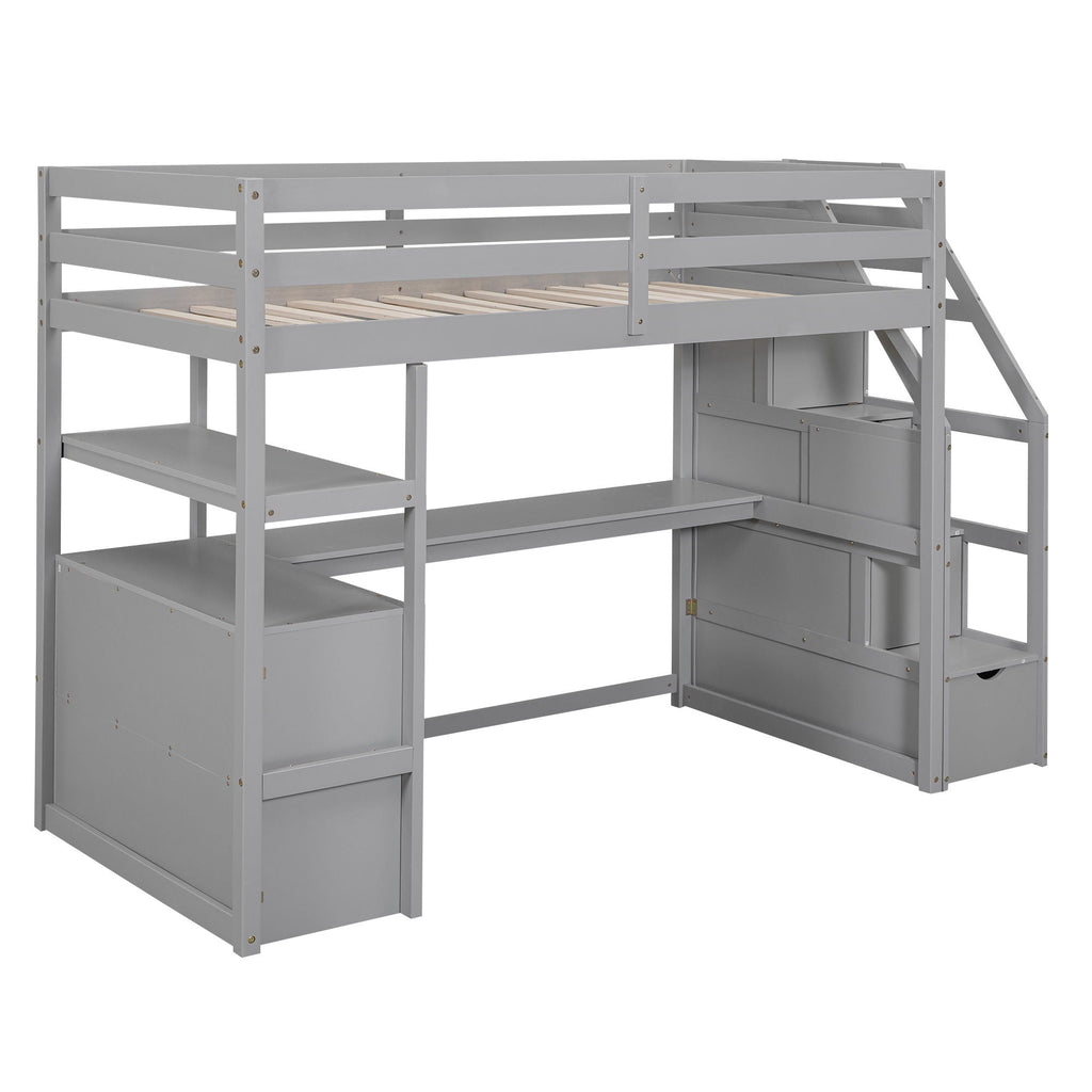 Loft Bed with Desk and Storage Staircase - Full or Twin, White or Gray