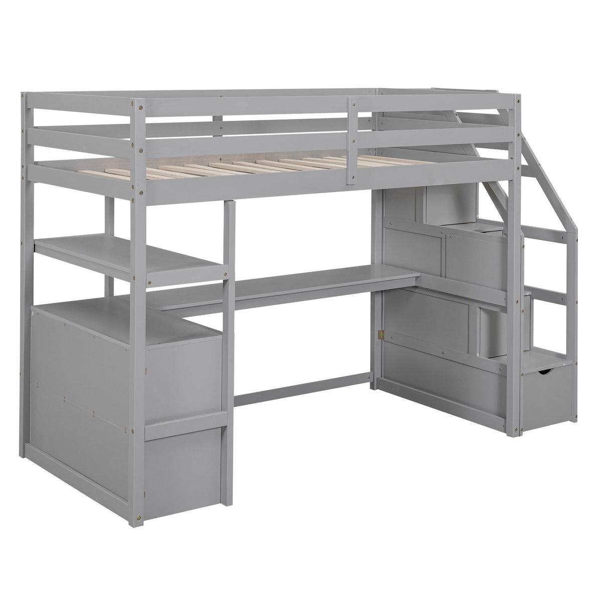 Loft Bed with Desk and Storage Staircase - Full or Twin, White or Gray