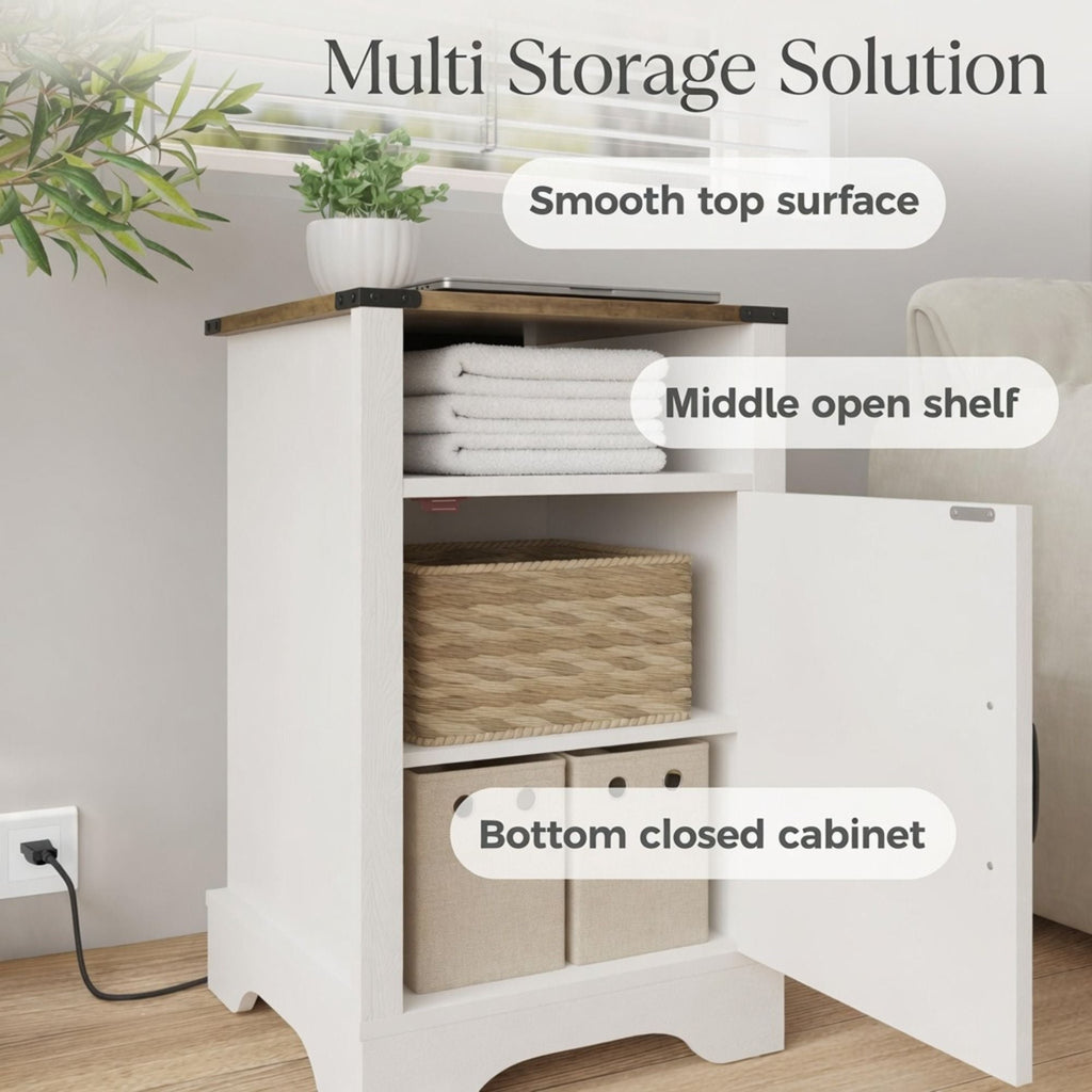 Farmhouse Nightstand with Charging Station & Storage - White