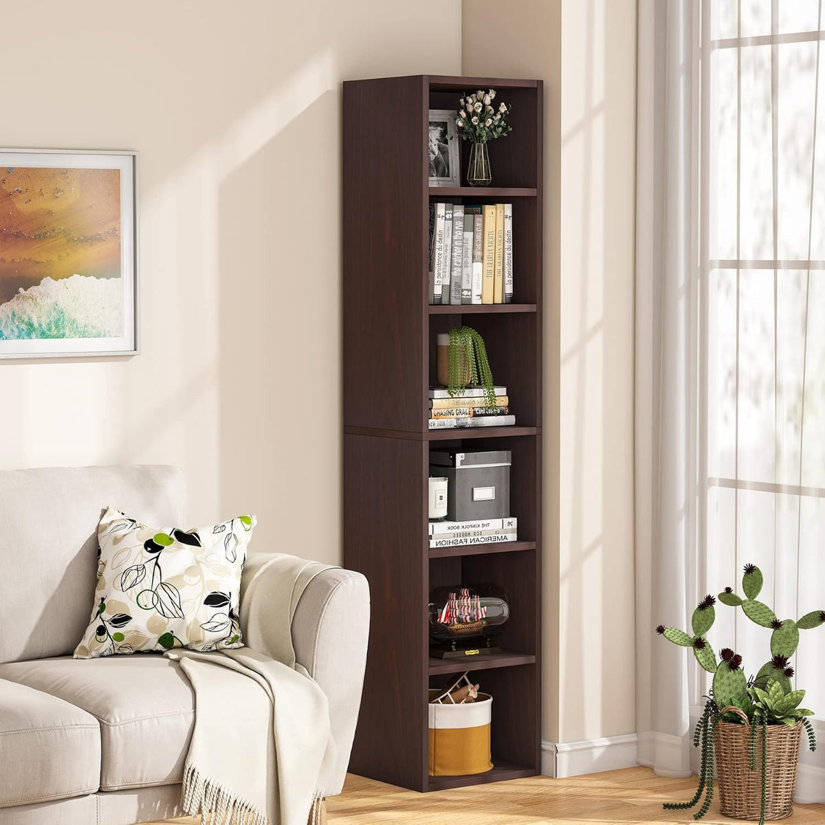 6 Tier Narrow Corner Cube Bookcase with Open Cubes - Light Blue or Dark Brown