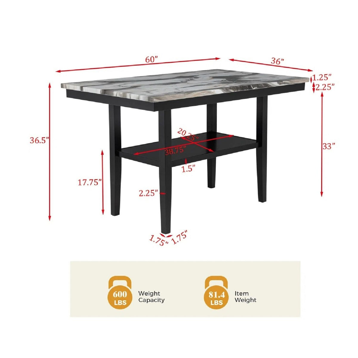 Counter Dining Table with Storage Shelf - Black