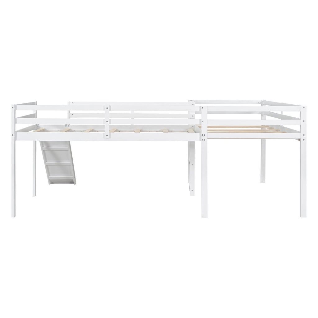 L Shaped Loft Bed with Slide and Ladder - Twin Size, Solid Wood - White or Dark Gray