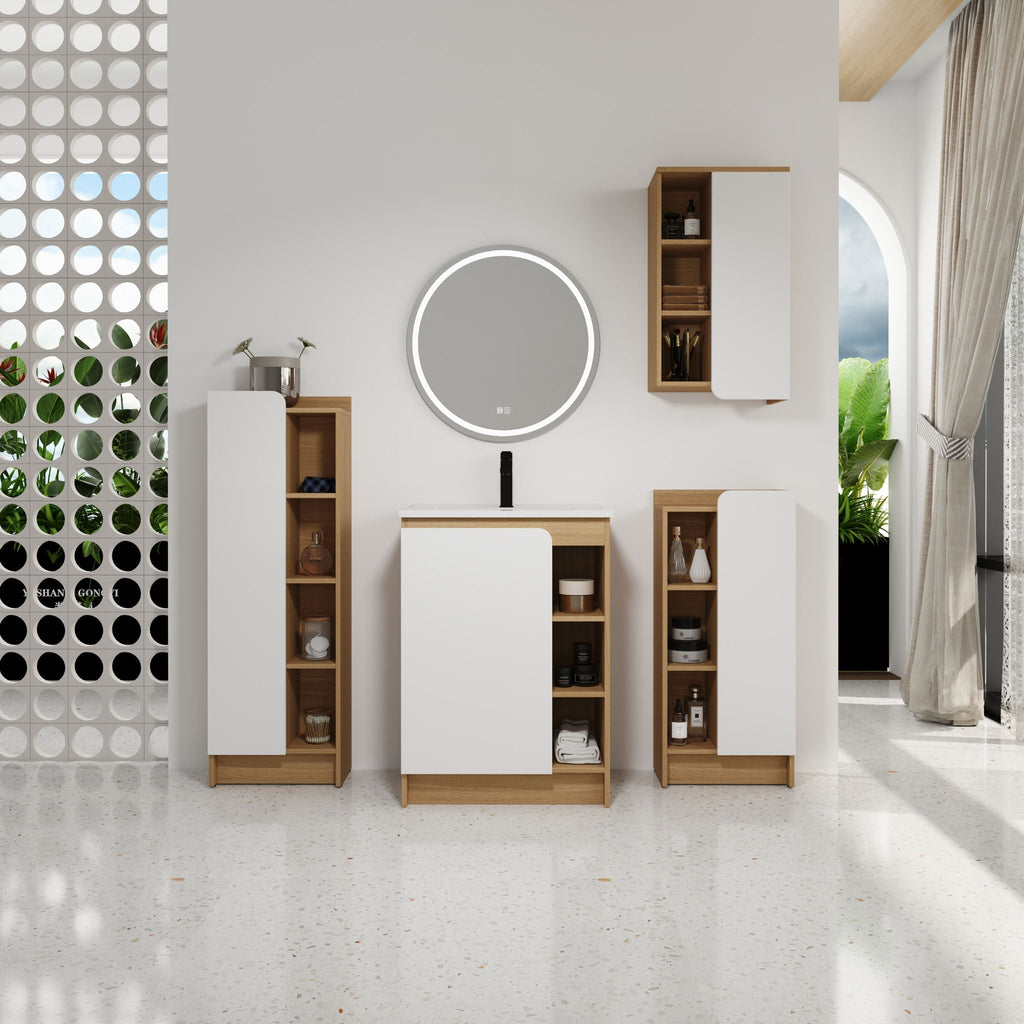 4 Piece Bathroom Vanity Set with Integrated Ceramic Sink and Storage - Black, Light Oak, White