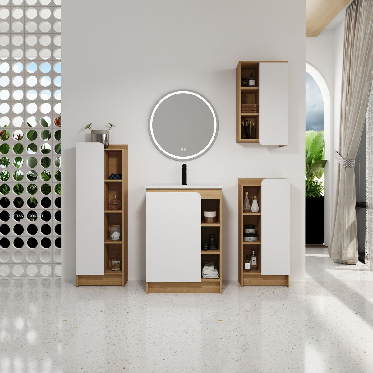 4 Piece Bathroom Vanity Set with Integrated Ceramic Sink and Storage - Black, Light Oak, White