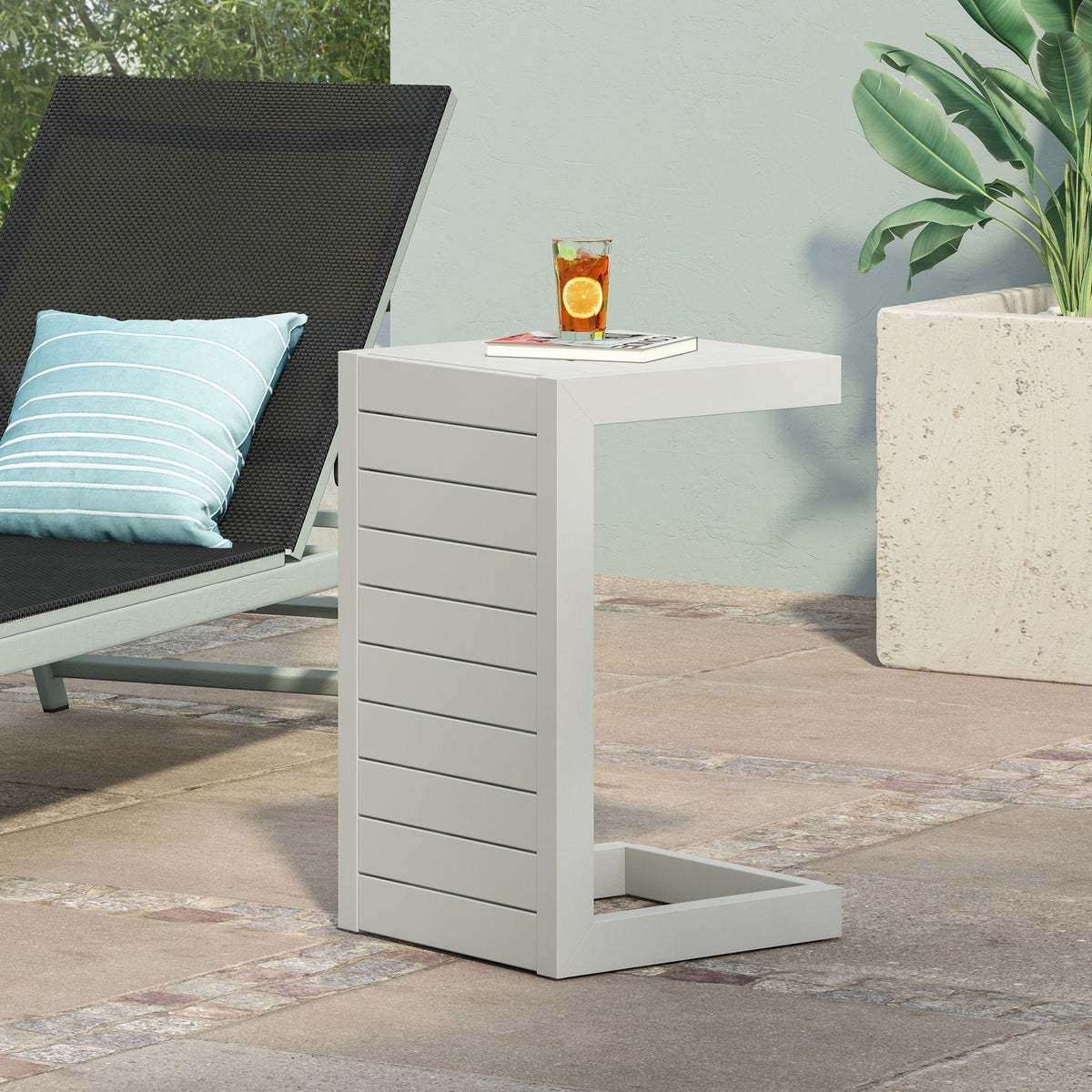 Aluminum Outdoor C-Shaped Side Table with Rust-Resistant Finish - Multiple Colors