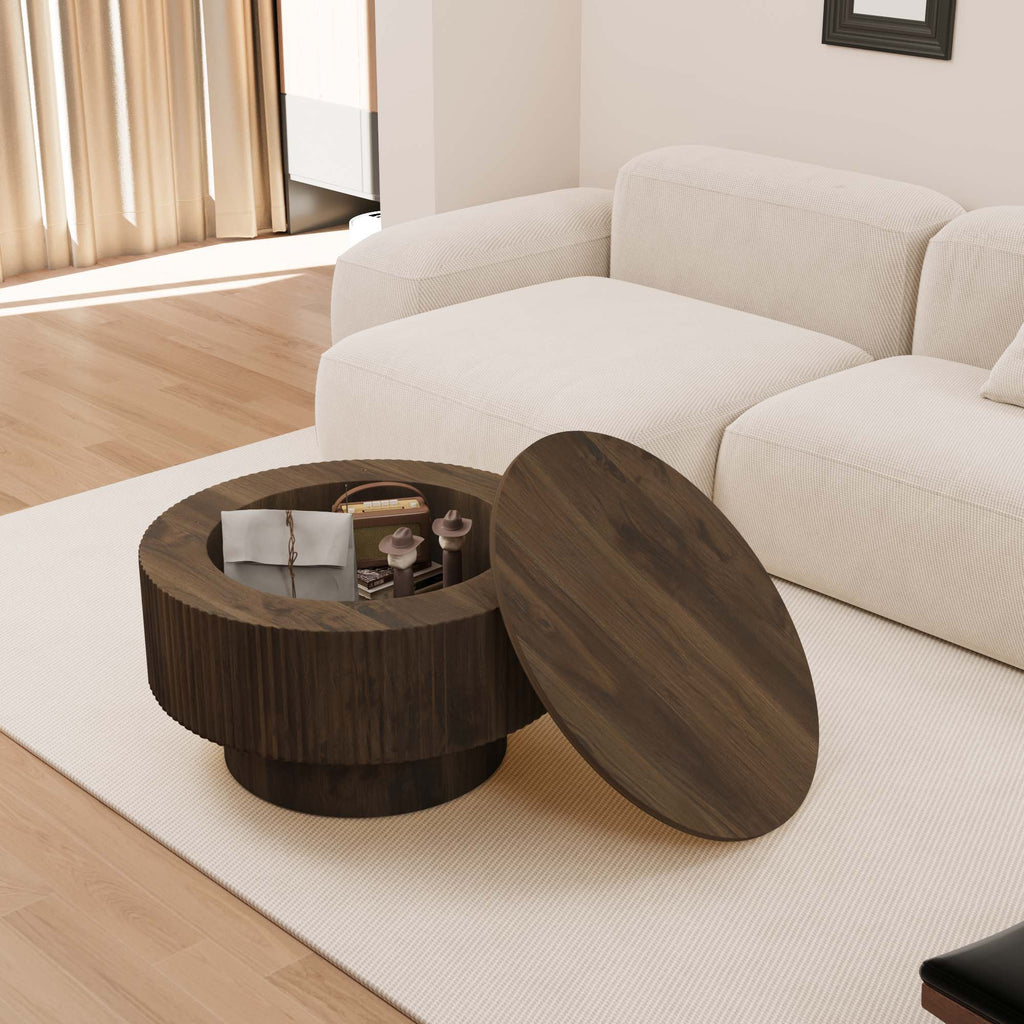 Modern Circular Coffee Table with Stripe Design and Storage Space - Light Brown or Dark Brown