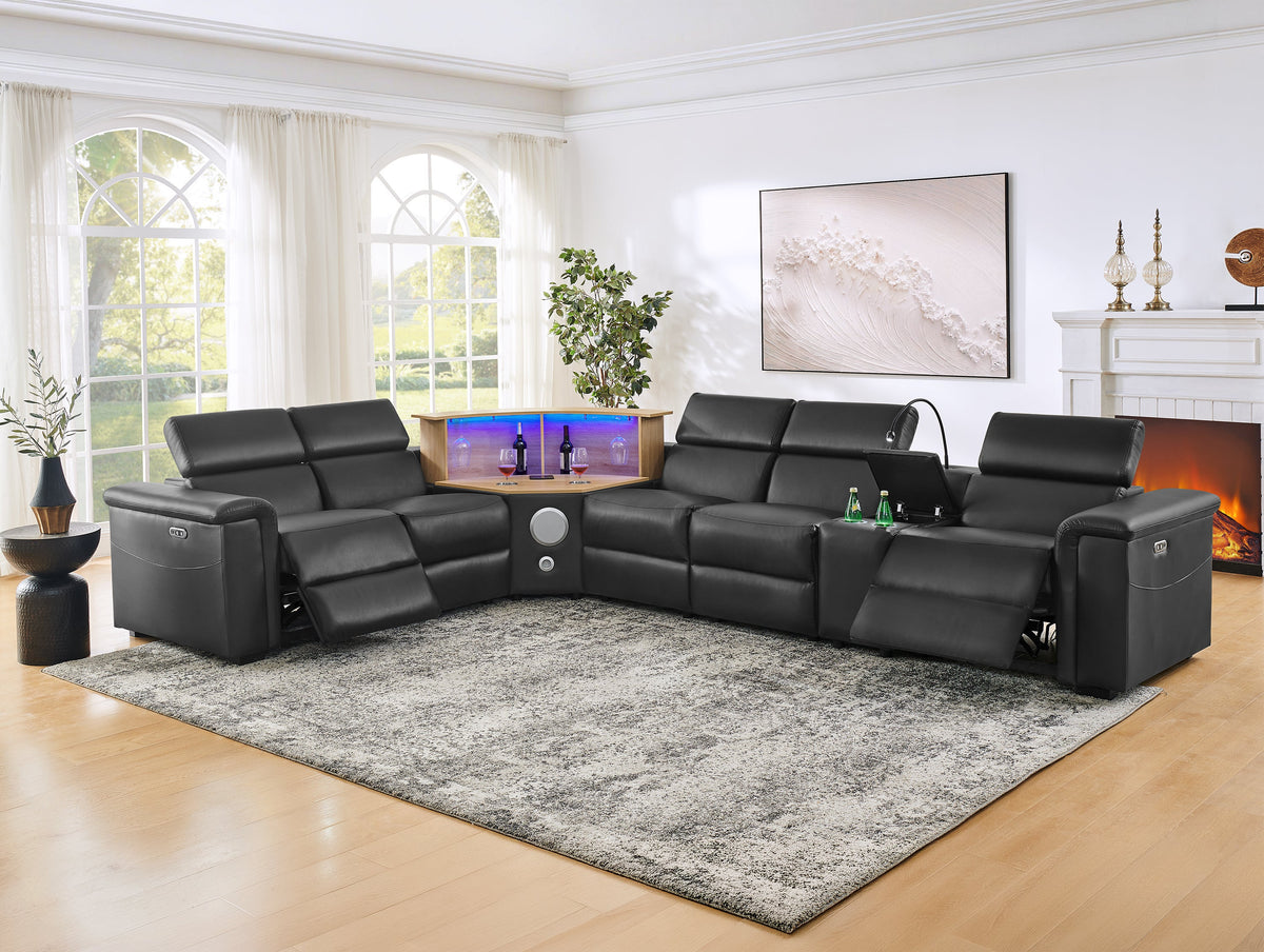 5-Seater L-Shaped Powered Recliner Sectional Sofa with Motorized Lift Cabinet - Black or Dark Grey