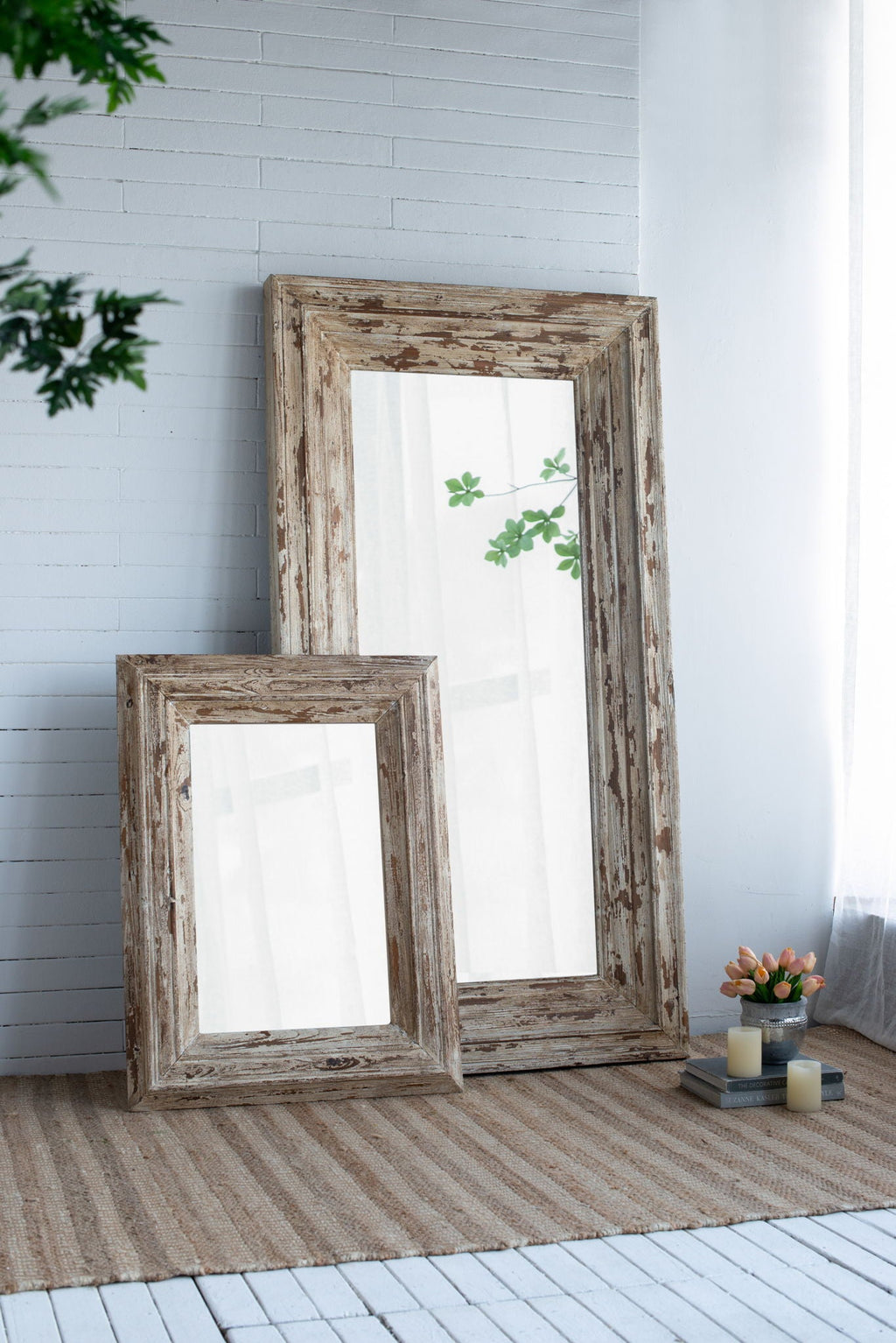 Full Length Rectangle Floor Mirror with Distressed Wood Frame - Brown