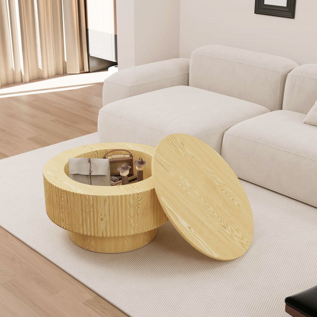 Modern Circular Coffee Table with Stripe Design and Storage Space - Light Brown or Dark Brown