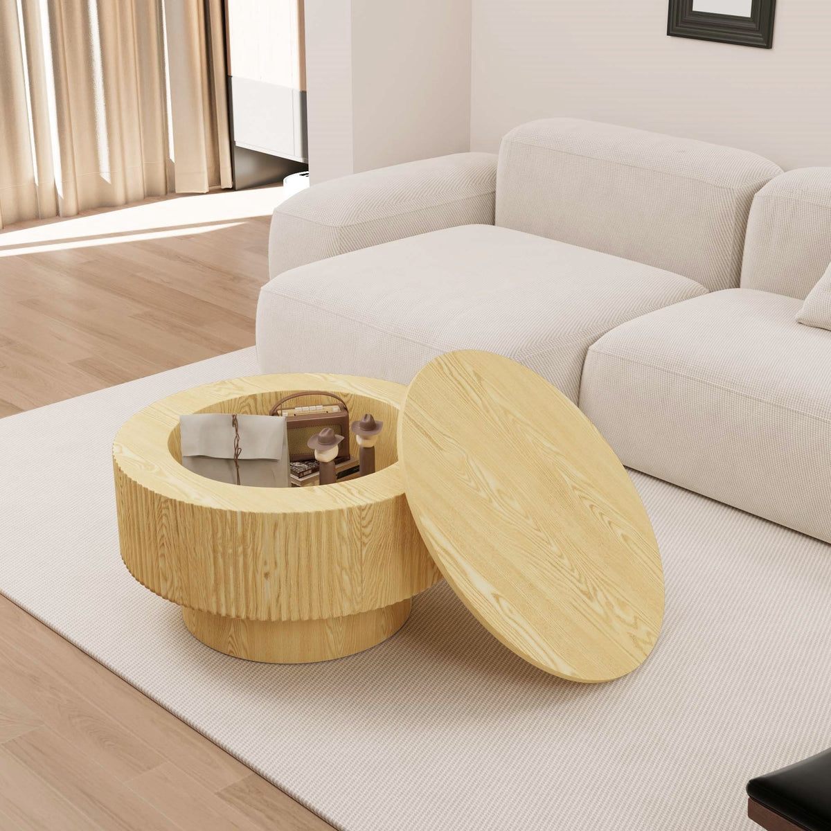 Modern Circular Coffee Table with Stripe Design and Storage Space - Light Brown or Dark Brown