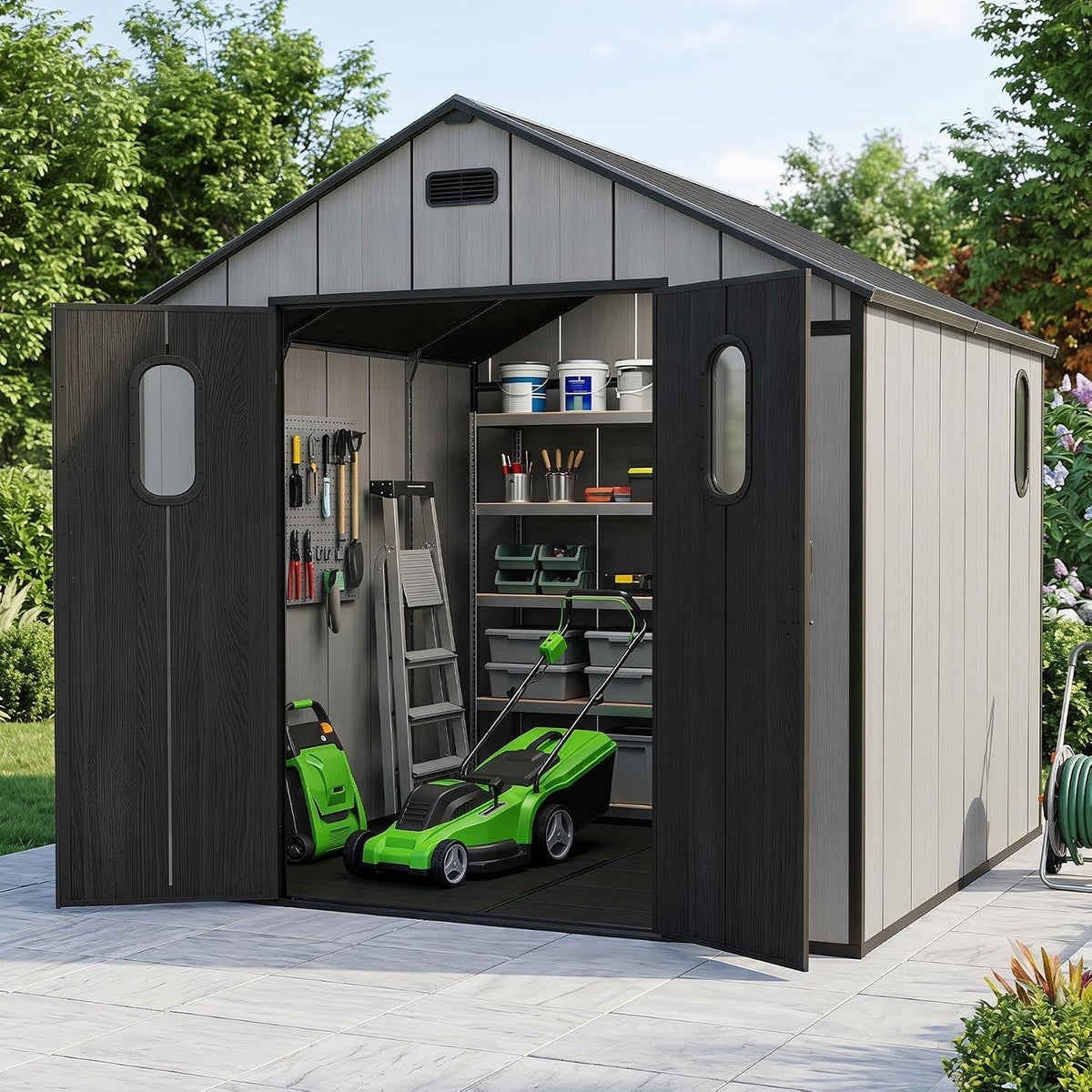 8x8 Ft Resin Outdoor Storage Shed with Floor - Weatherproof Resin