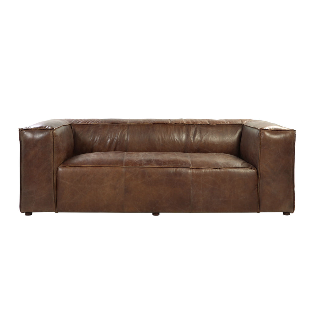 Brancaster Grain Leather Stationary Sofa with High Shelter Backrest - Brown