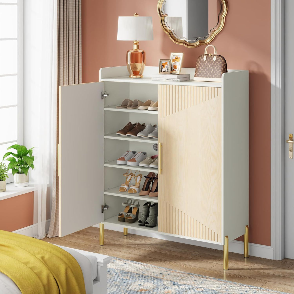 6 Tier Entryway Shoe Cabinet with Doors - Wood & Metal - Light Brown or White