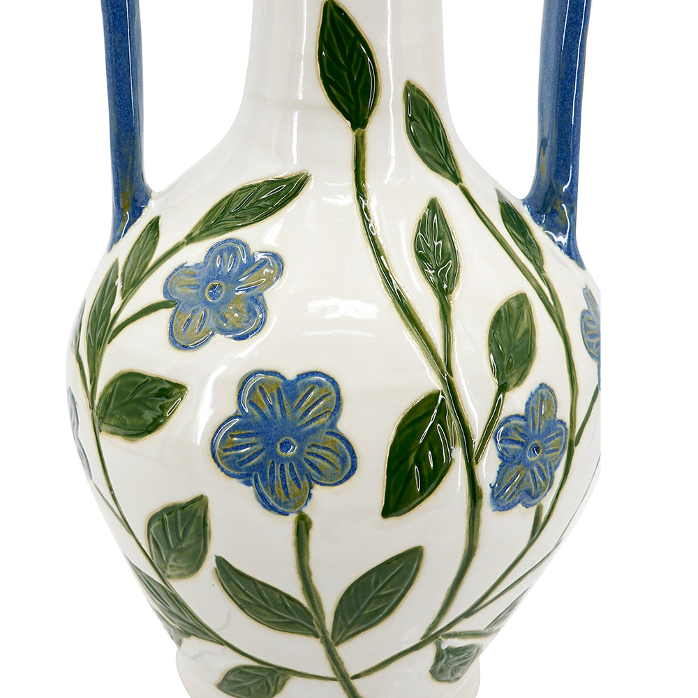 Floral Amphora Ceramic Vase with Elegant Floral Design - Blue, Green & White