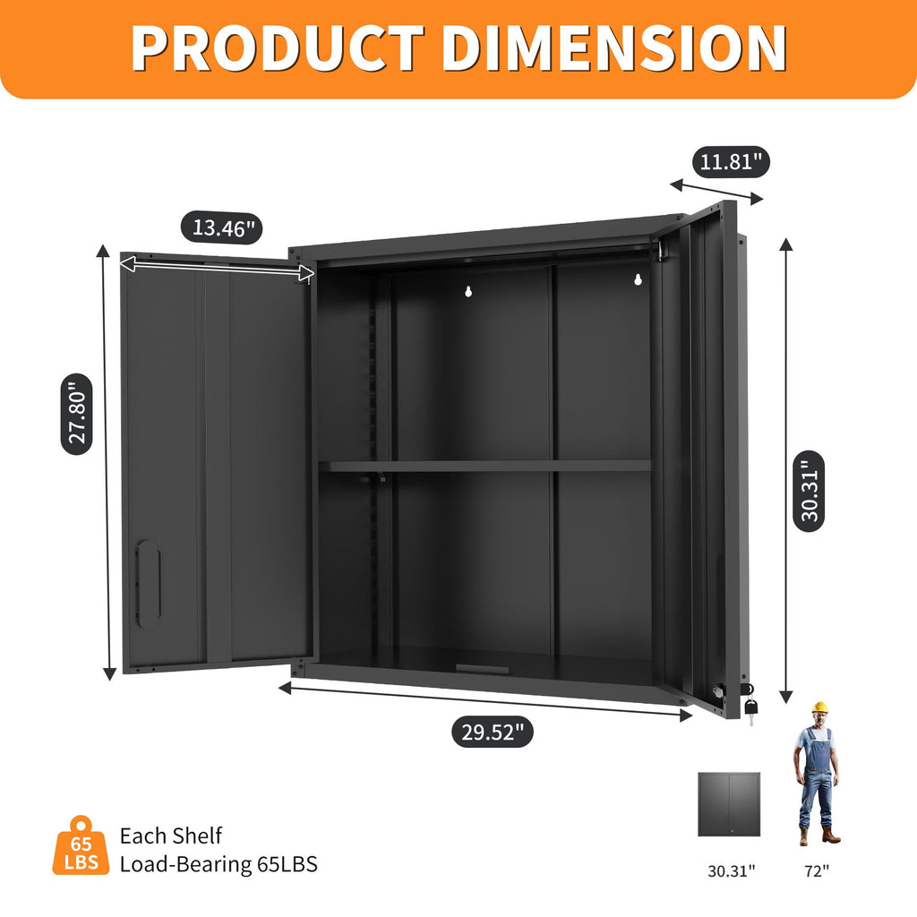 Metal Wall Mounted Tool Storage Cabinet with 2 Locking Doors and Adjustable Shelf - Gray or Black