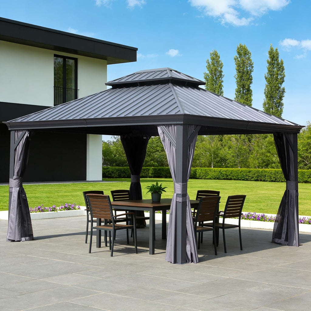 13x15FT Hardtop Outdoor Gazebo with Double Roof - Gray or Brown
