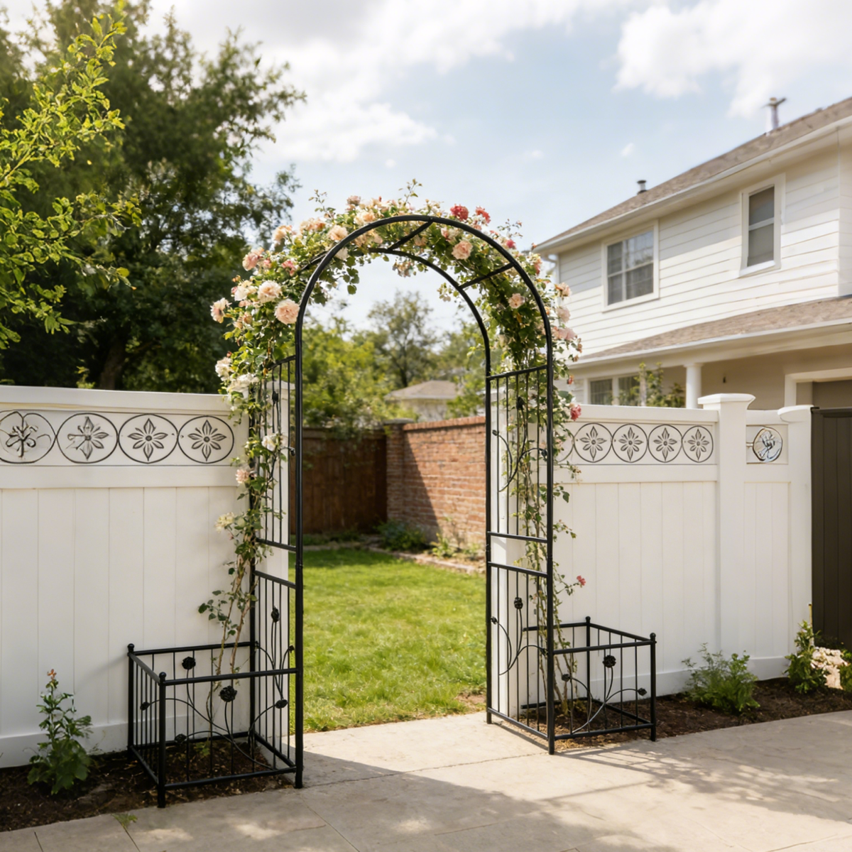 Metal Garden Arch with Two Plant Stands – Iron Trellis for Climbing Plants