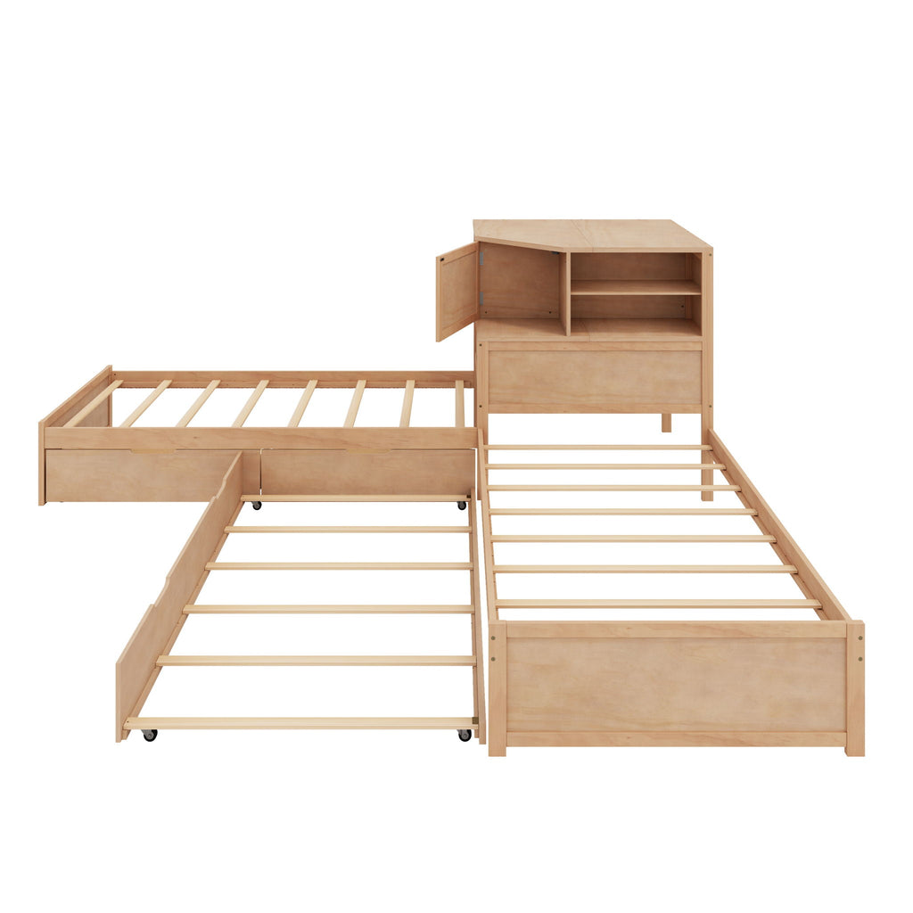 L-Shaped Bed Frame with Trundle, Desk & LED Lighting - Twin