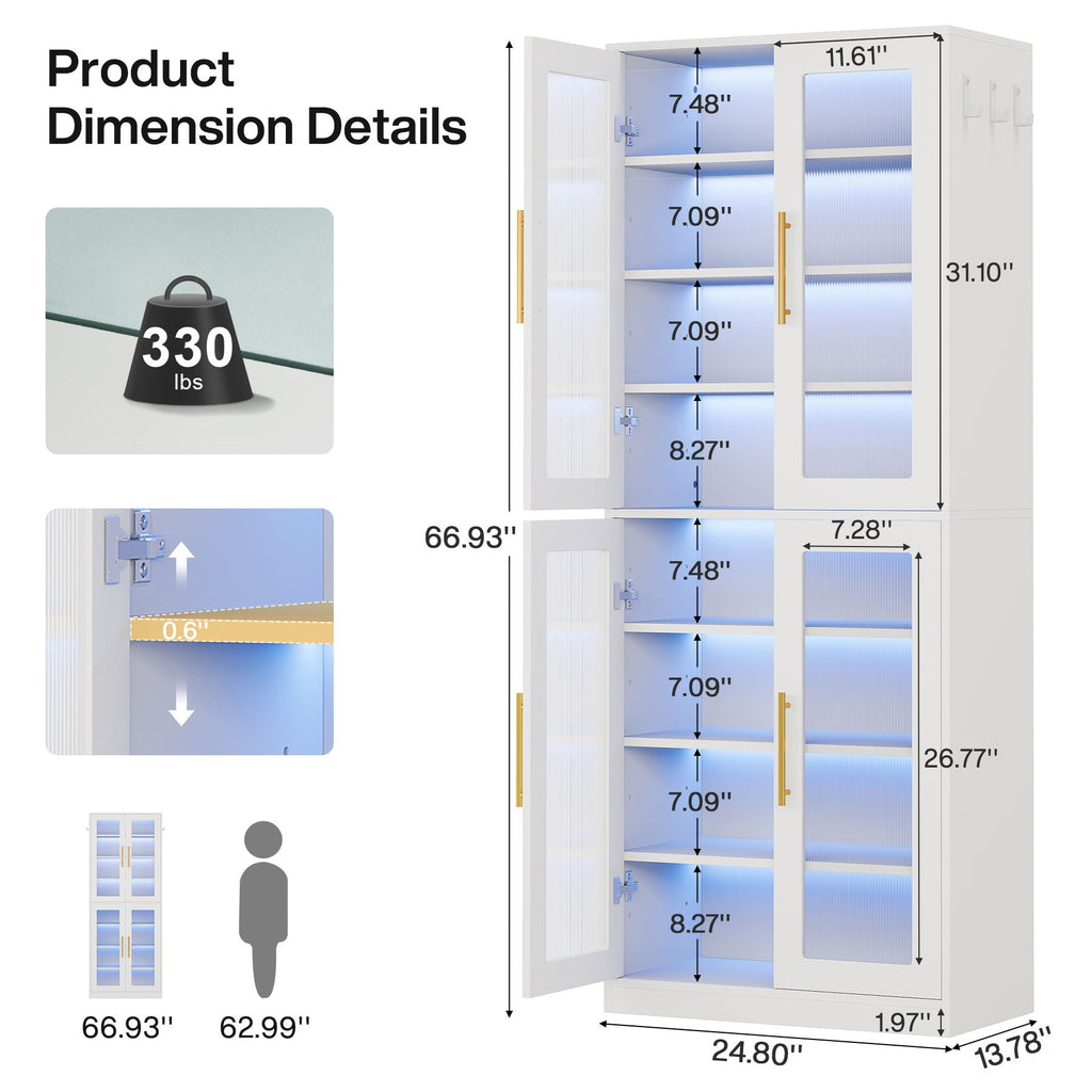 Bookcase With Doors and LED Lighting with Adjustable Shelves - Black, Gray, White