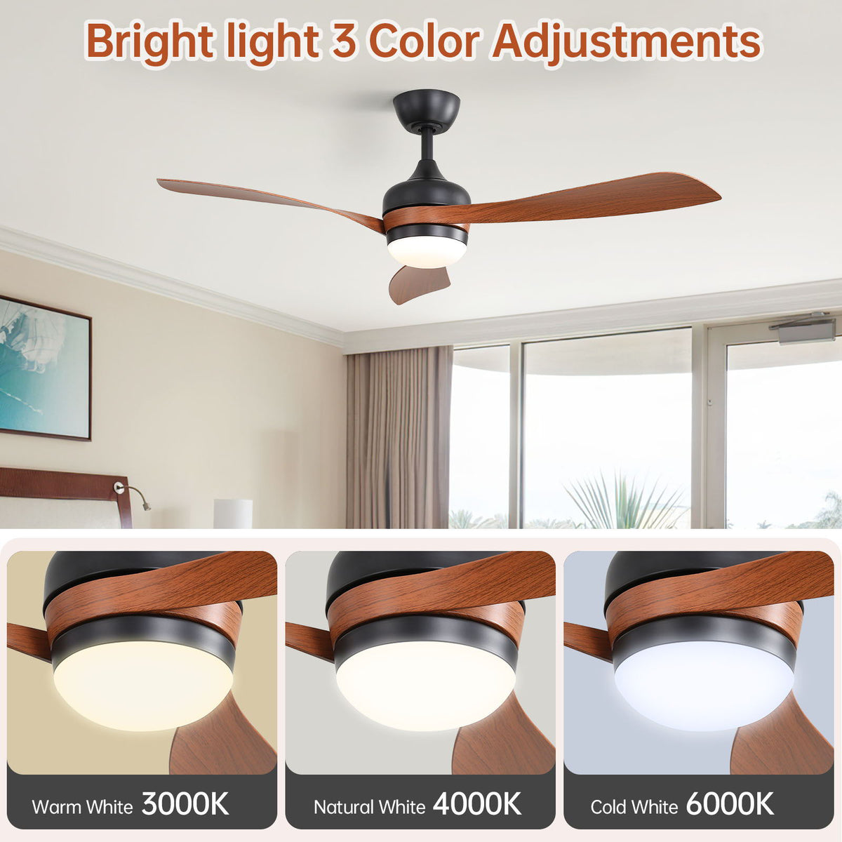Ceiling Fan With 3 Blades, Remote Control, Reversible DC Motor, Noiseless Operation, 3 Downrods
